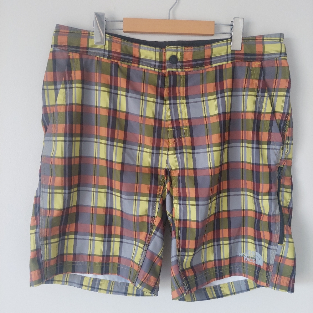 The North Face Swim Trunks, Men's 36, Orange Green Grey Plaid